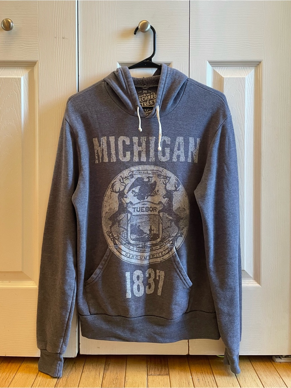 “Michigan 1837” Distressed Graphic Unisex Hoodie (Slate Blue-Gray)